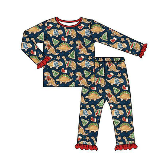 (Custom Design Preorder MOQ 5) Dino Gingerbread Print Pants Girls Christmas Pajamas Clothes Set