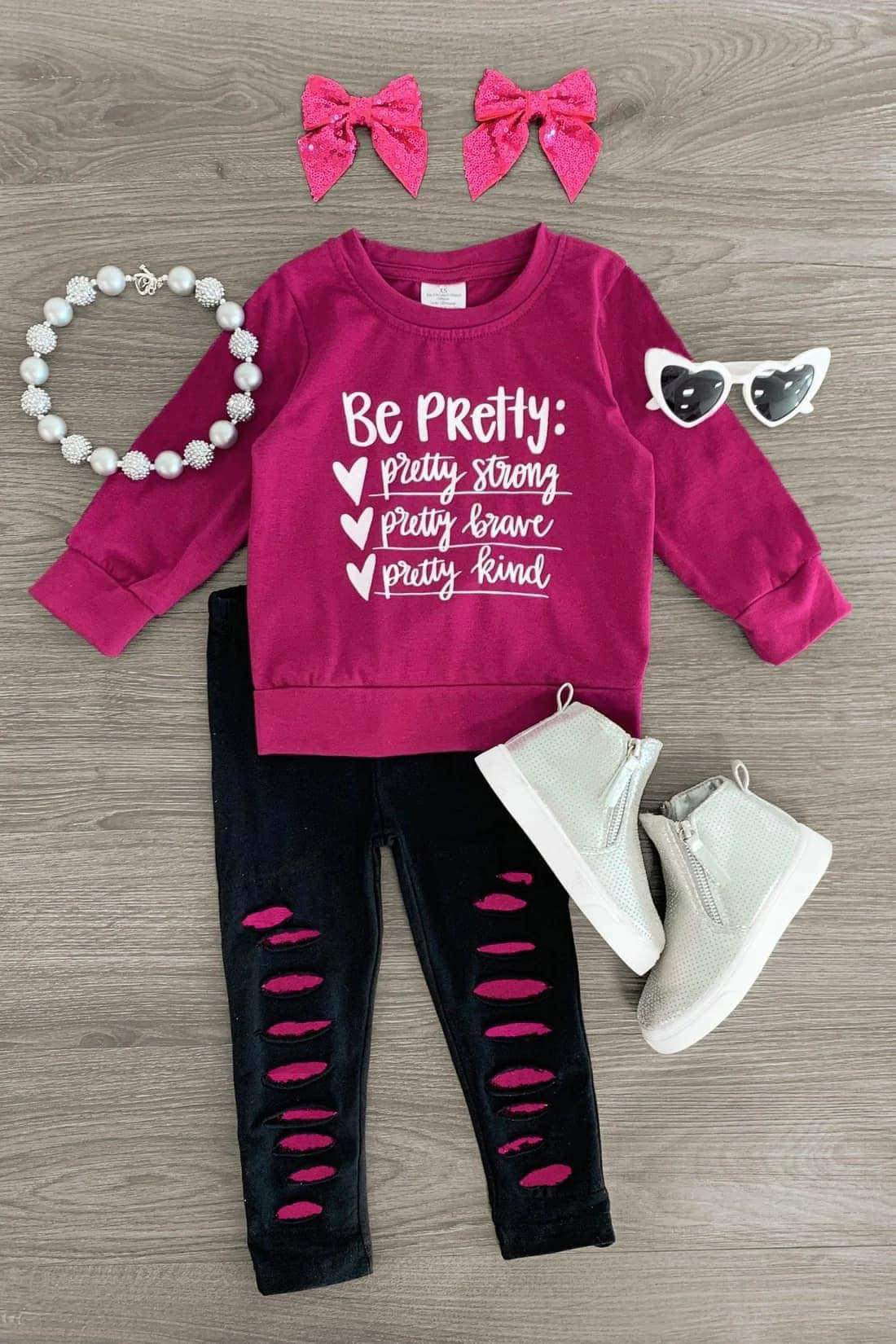 (Custom Design Preorder MOQ 5) Be Pretty Top Hole Legging Pants Girls Clothes Sets