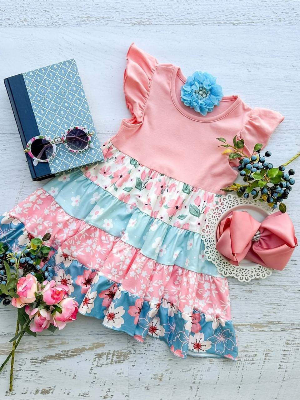 (Custom Design Preorder MOQ 5) Pink Flowers Print Girls Summer Knee Length Dress