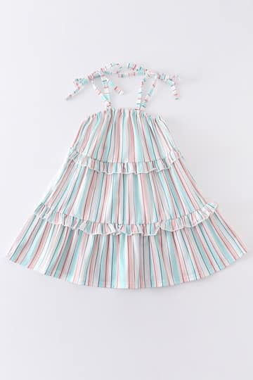(Custom Design Preorder MOQ 5) Pink Stripes Print Girls Summer Knee Length Dress