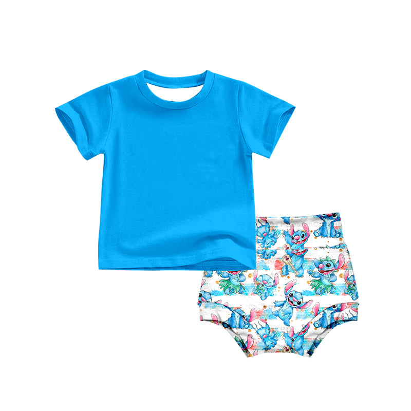 (Custom Design Preorder MOQ 5) NO.14 Cartoon Blue Animal Print Baby Summer Bummie Set