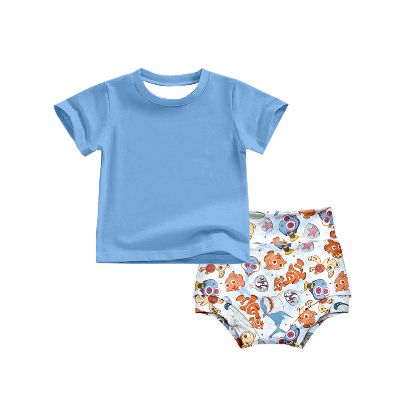 (Custom Design Preorder MOQ 5) NO.10 Cartoon Fish Print Baby Summer Bummie Set