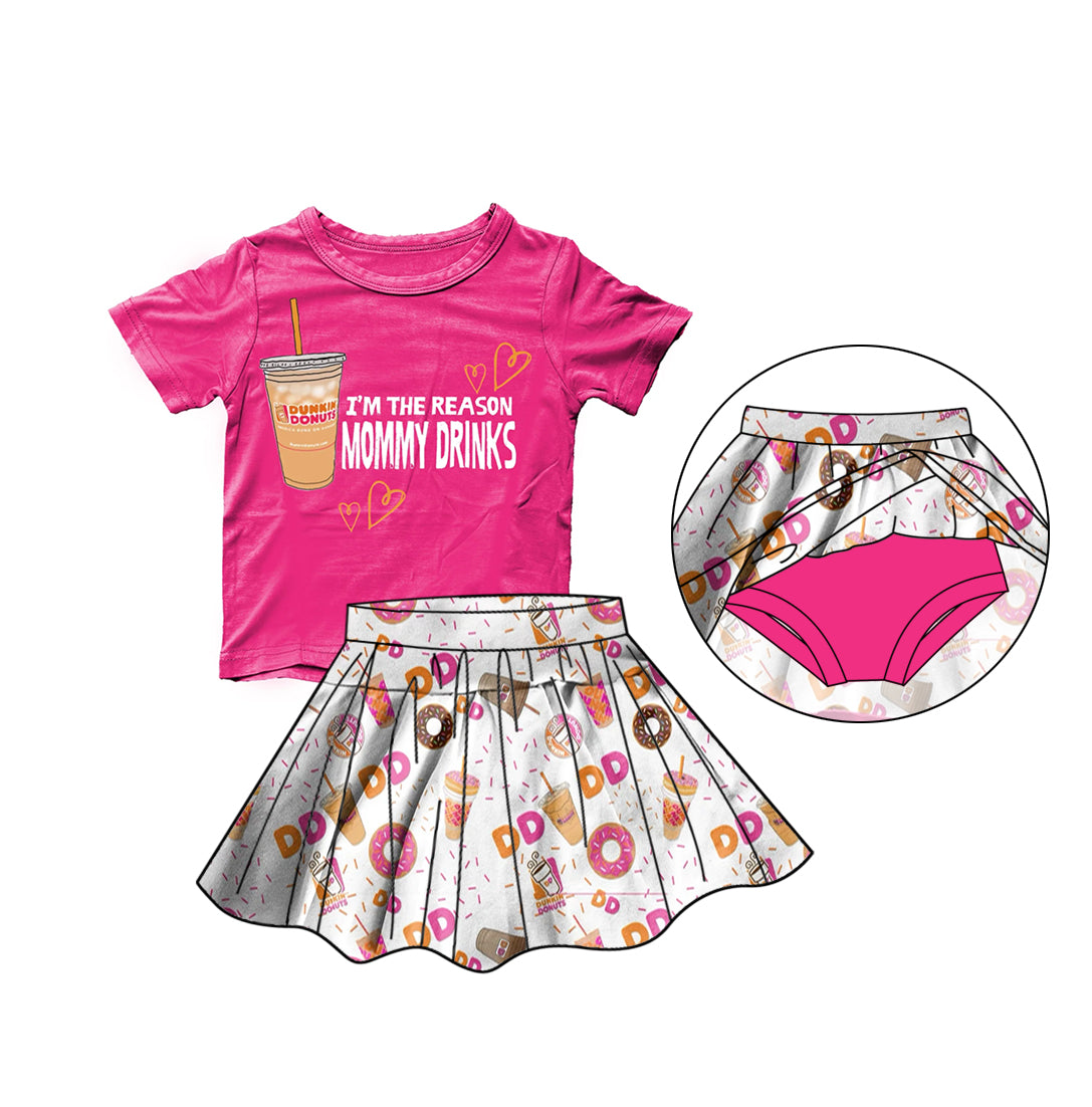(Custom Design Preorder MOQ 5) Hot Pink Doughnut Print Top Skirts With Shorts Girls Summer Clothes Set