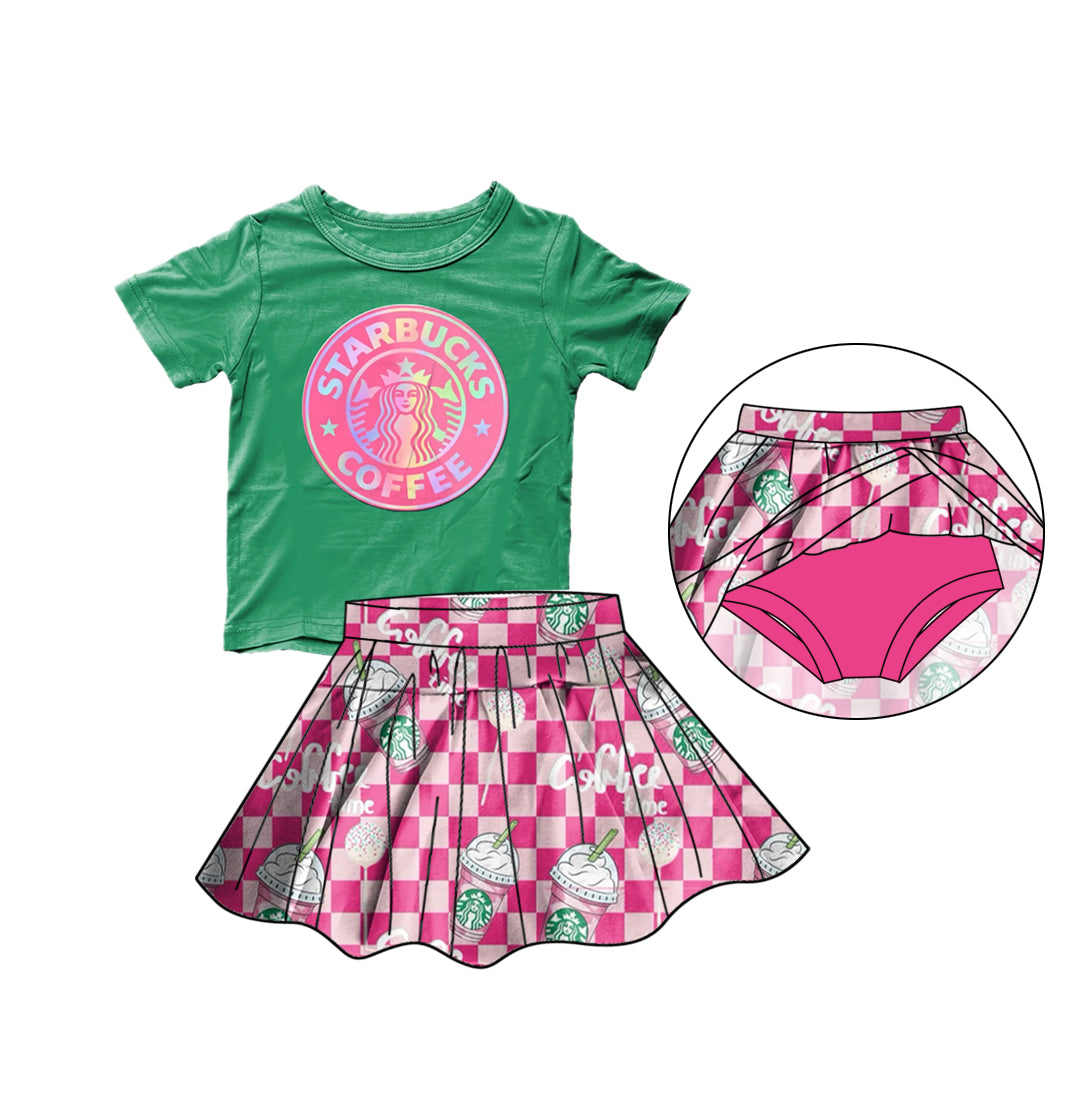 (Custom Design Preorder MOQ 5) Coffee Print Top Skirts With Shorts Girls Summer Clothes Set