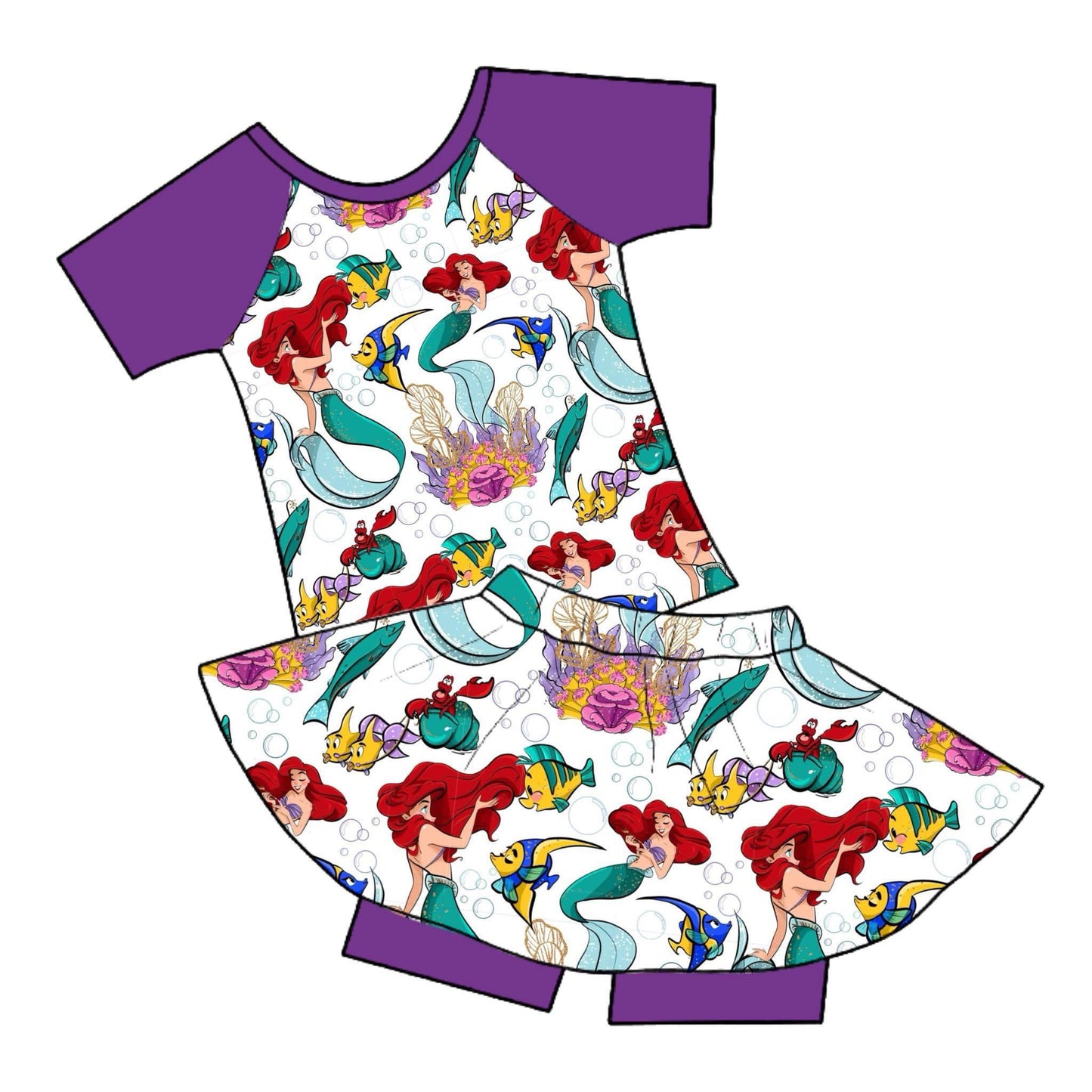 (Custom Design Preorder MOQ 5) Cartoon Mermaid Purple Print Top Skirts With Shorts Girls Summer Clothes Set
