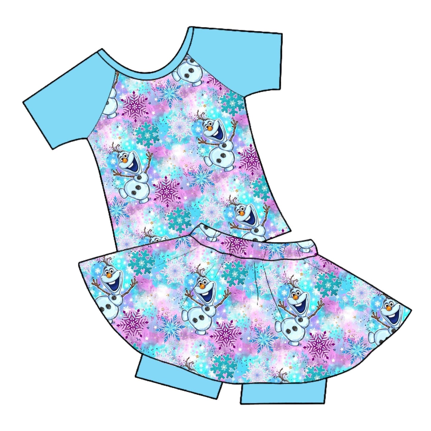 (Custom Design Preorder MOQ 5) Cartoon Snowman Print Top Skirts With Shorts Girls Summer Clothes Set