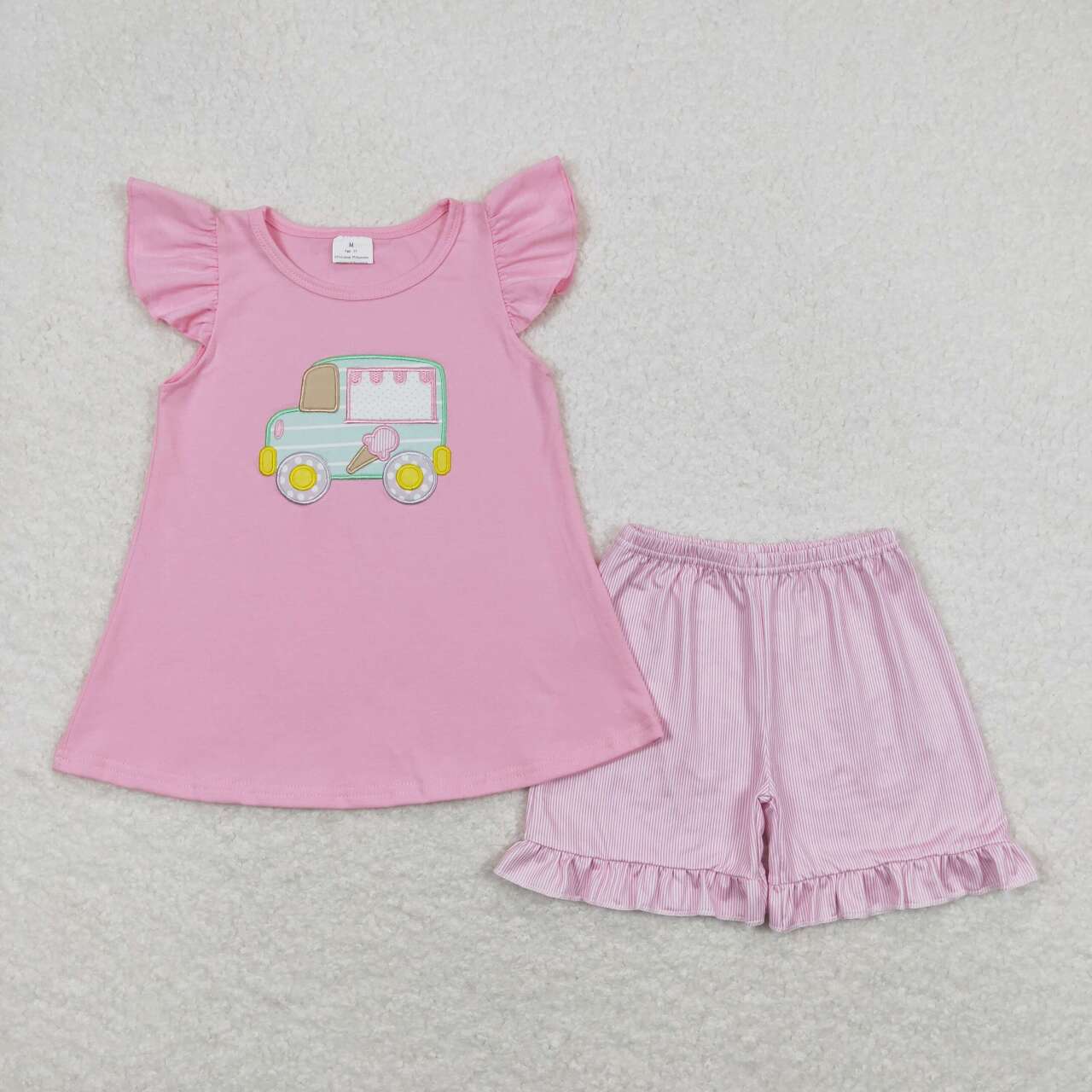 GSSO0508 Ice Cone Car Popsicle Embroidery Pink Top Stripes Shorts Girls Summer Cothes Set