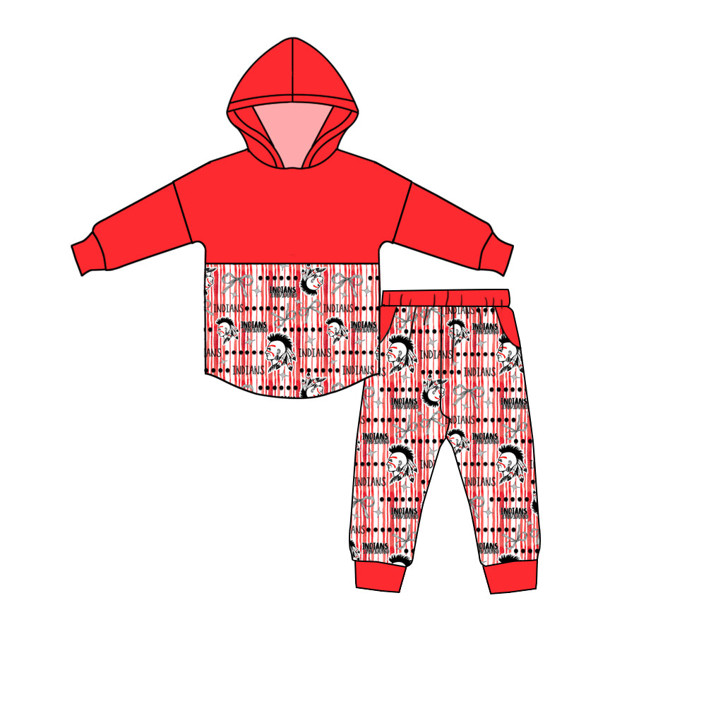 (Custom Design Preorder MOQ 5) Team's Indians Hoodie Top Pockets Pants Kids Clothes Set