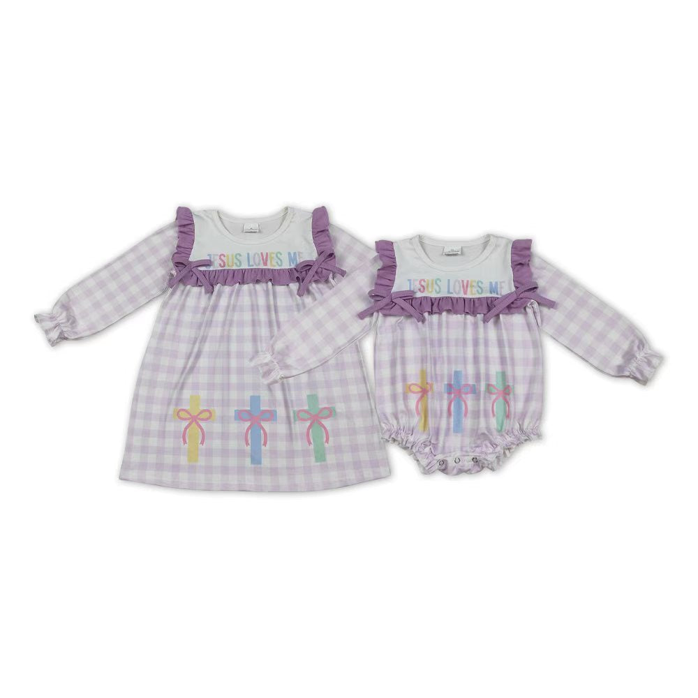 Jesus Loves Me Cross Plaid Print Girls Easter Clothes Sisters Matching Wear