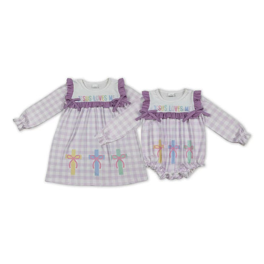 Jesus Loves Me Cross Plaid Print Girls Easter Clothes Sisters Matching Wear