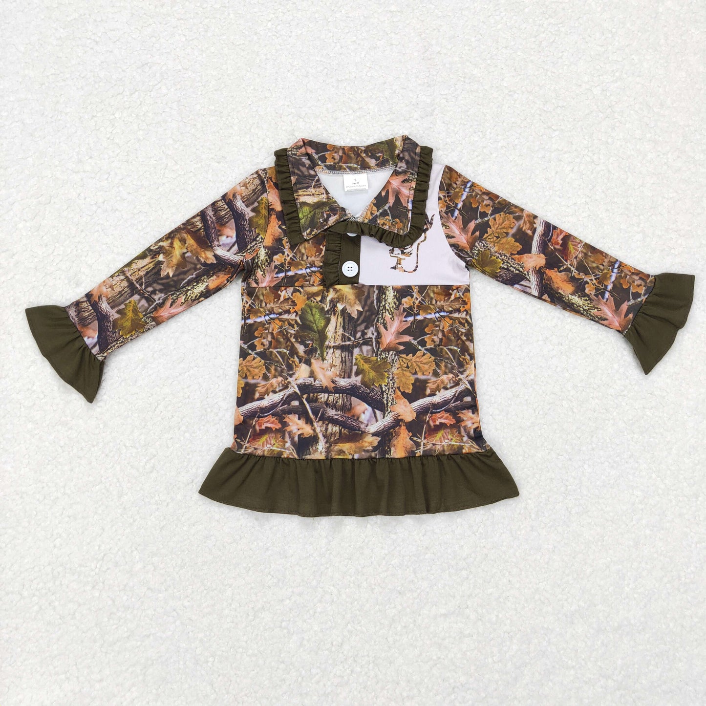 GT0311 Green Camo Deer Print Girls Go Hunting Pullover Buttons Tee Shirt Top