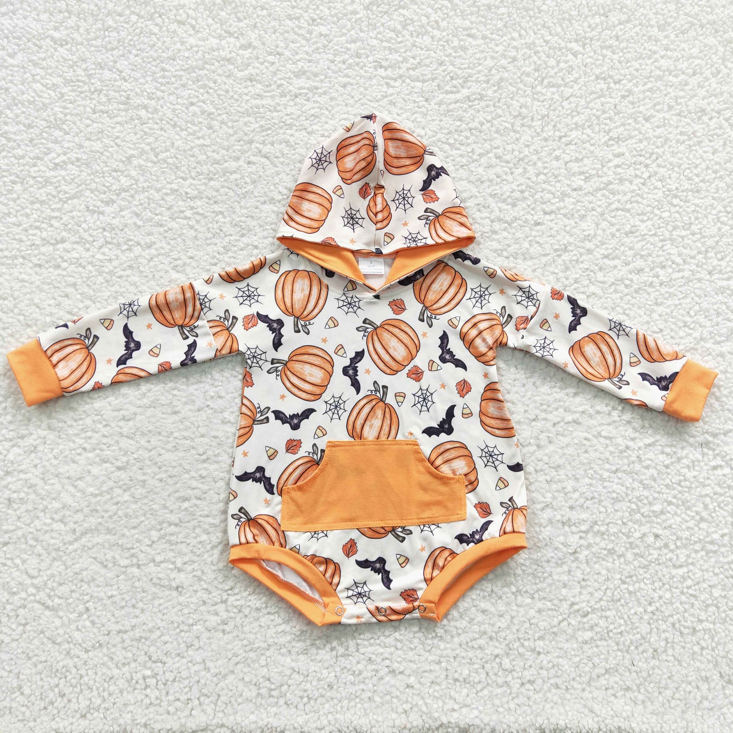 LR0273 Baby pumpkin print long sleeve hoodie Halloween romper