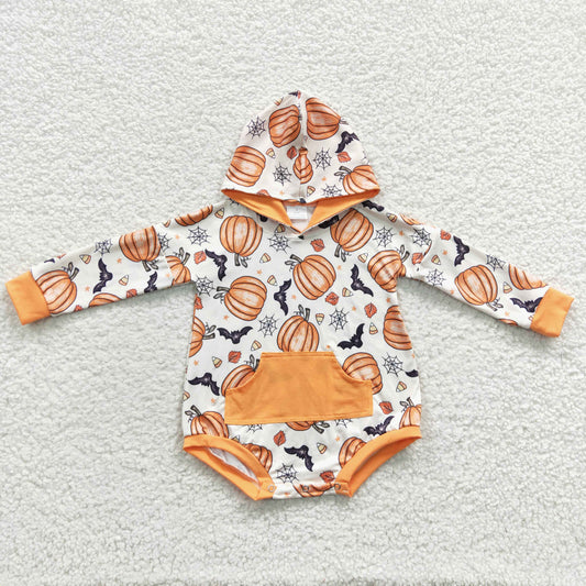 LR0273 Baby pumpkin print long sleeve hoodie Halloween romper