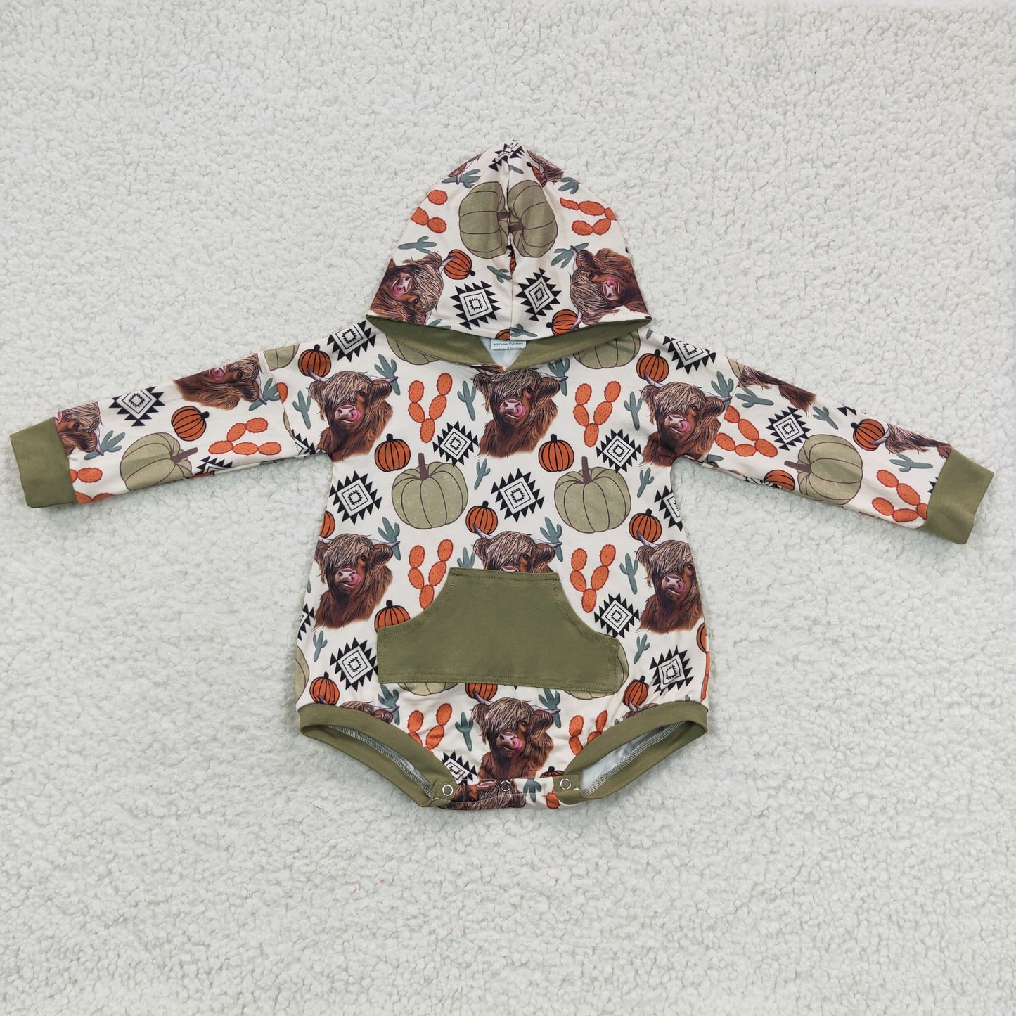 LR0281 Baby long sleeve highland cow and pumpkin print western hoodie fall romper