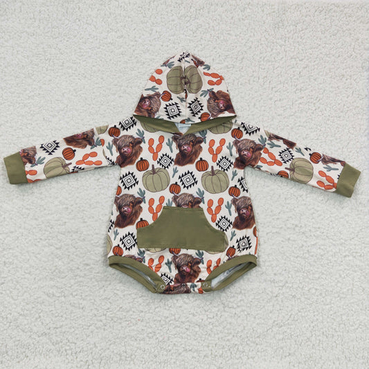 LR0281 Baby long sleeve highland cow and pumpkin print western hoodie fall romper
