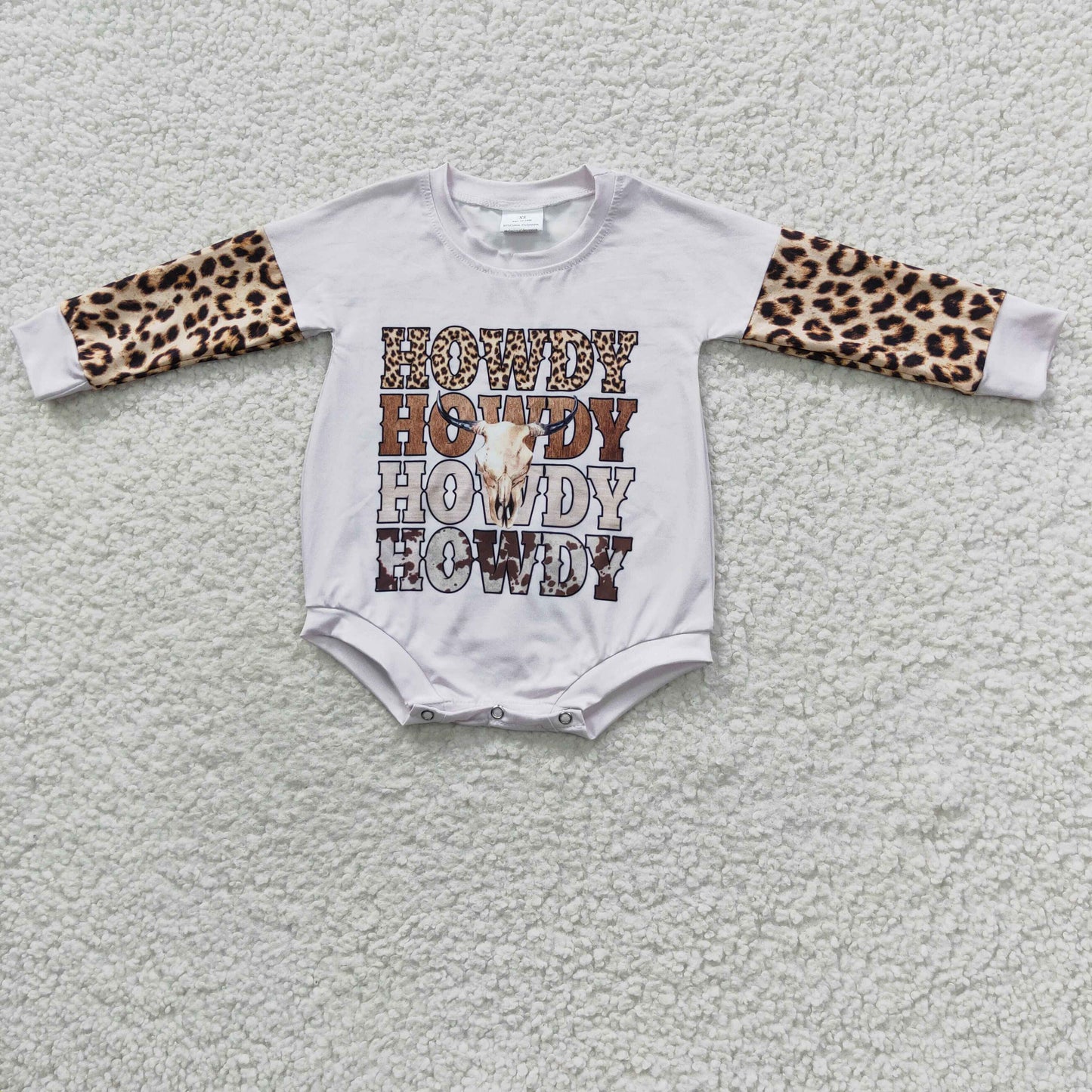 LR0282 Howdy leopard long sleeve cow skull print western baby romper