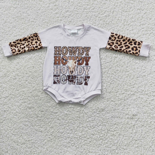 LR0282 Howdy leopard long sleeve cow skull print western baby romper