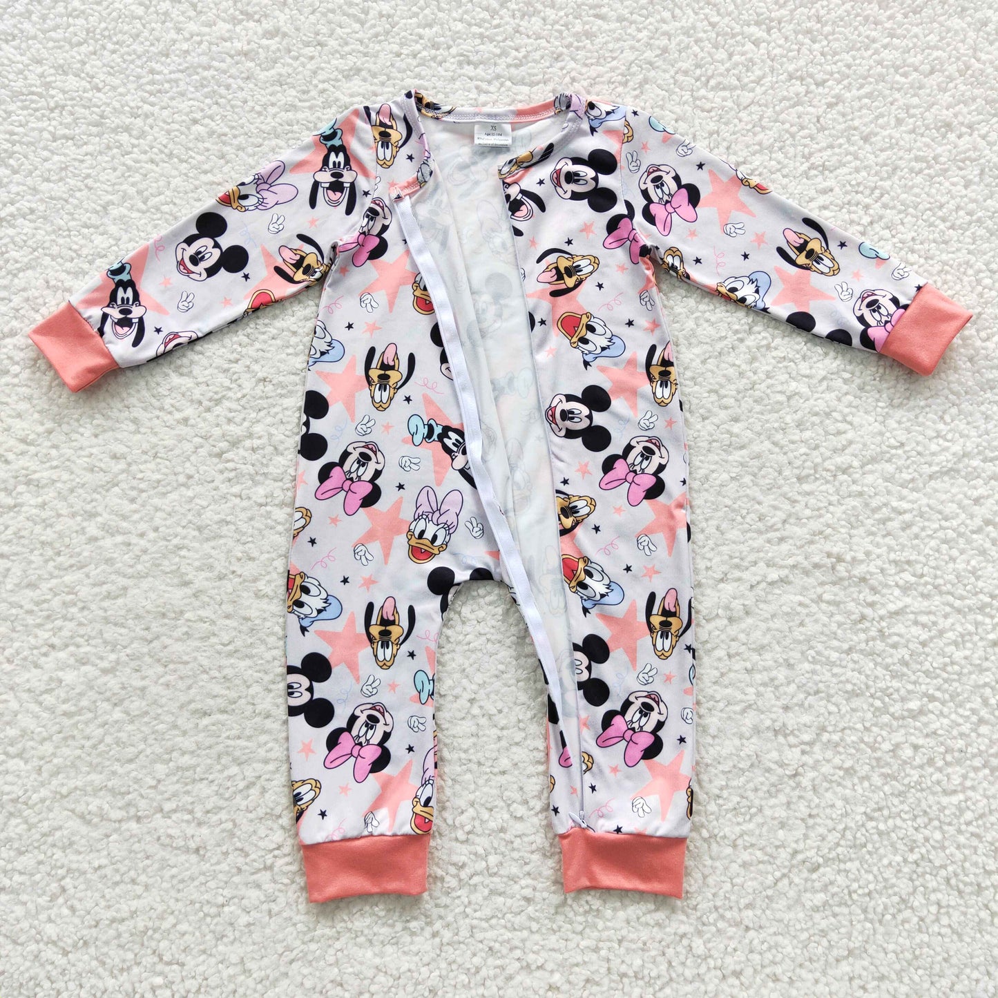 LR0298 Baby girls pink cartoon animals print zipper romper