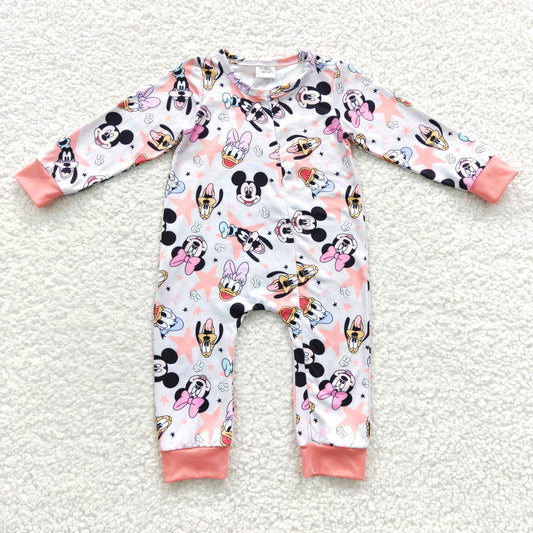 LR0298 Baby girls pink cartoon animals print zipper romper