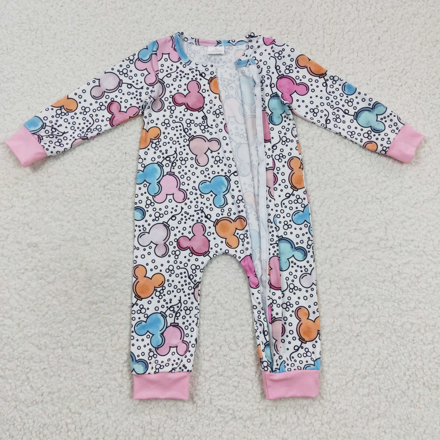 LR0300 Baby girls pink mouse and leopard print zipper romper