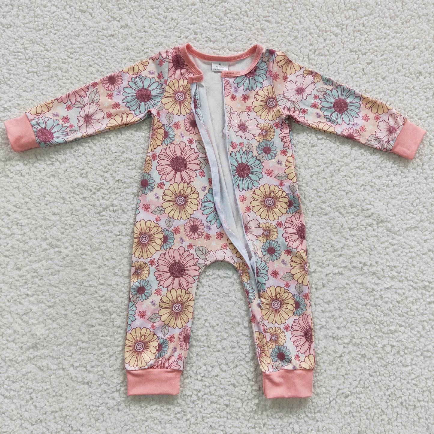 LR0301 Baby girls pink flowers zipper romper