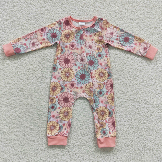 LR0301 Baby girls pink flowers zipper romper