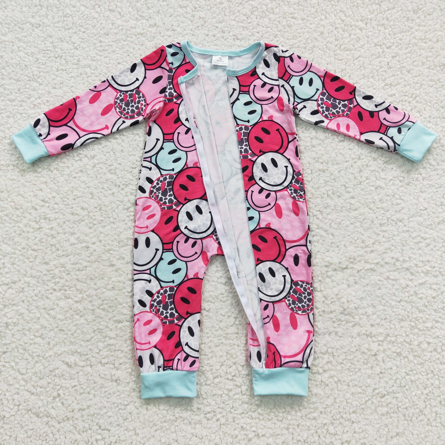 LR0302 Baby girls pink smiling face zipper romper