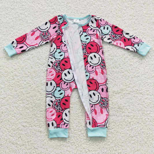 LR0302 Baby girls pink smiling face zipper romper
