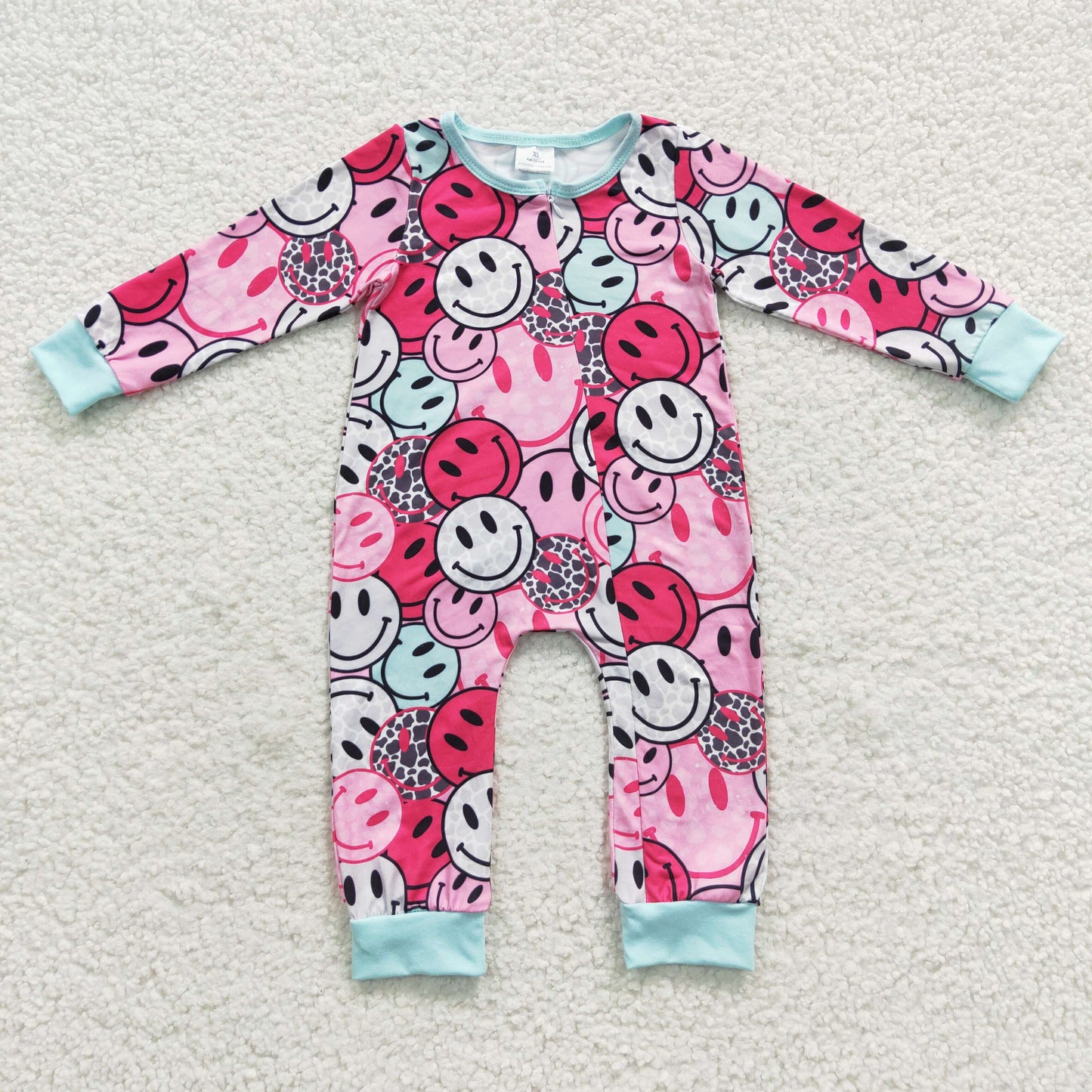 LR0302 Baby girls pink smiling face zipper romper