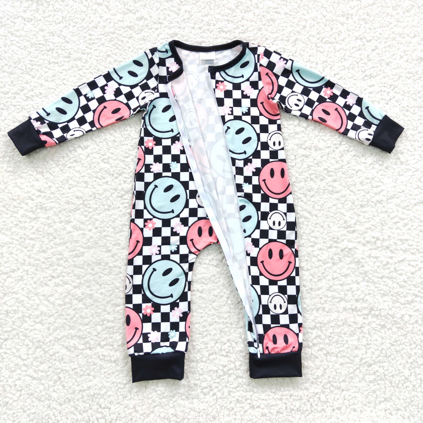 LR0304 Baby girls black plaid simling face zipper romper