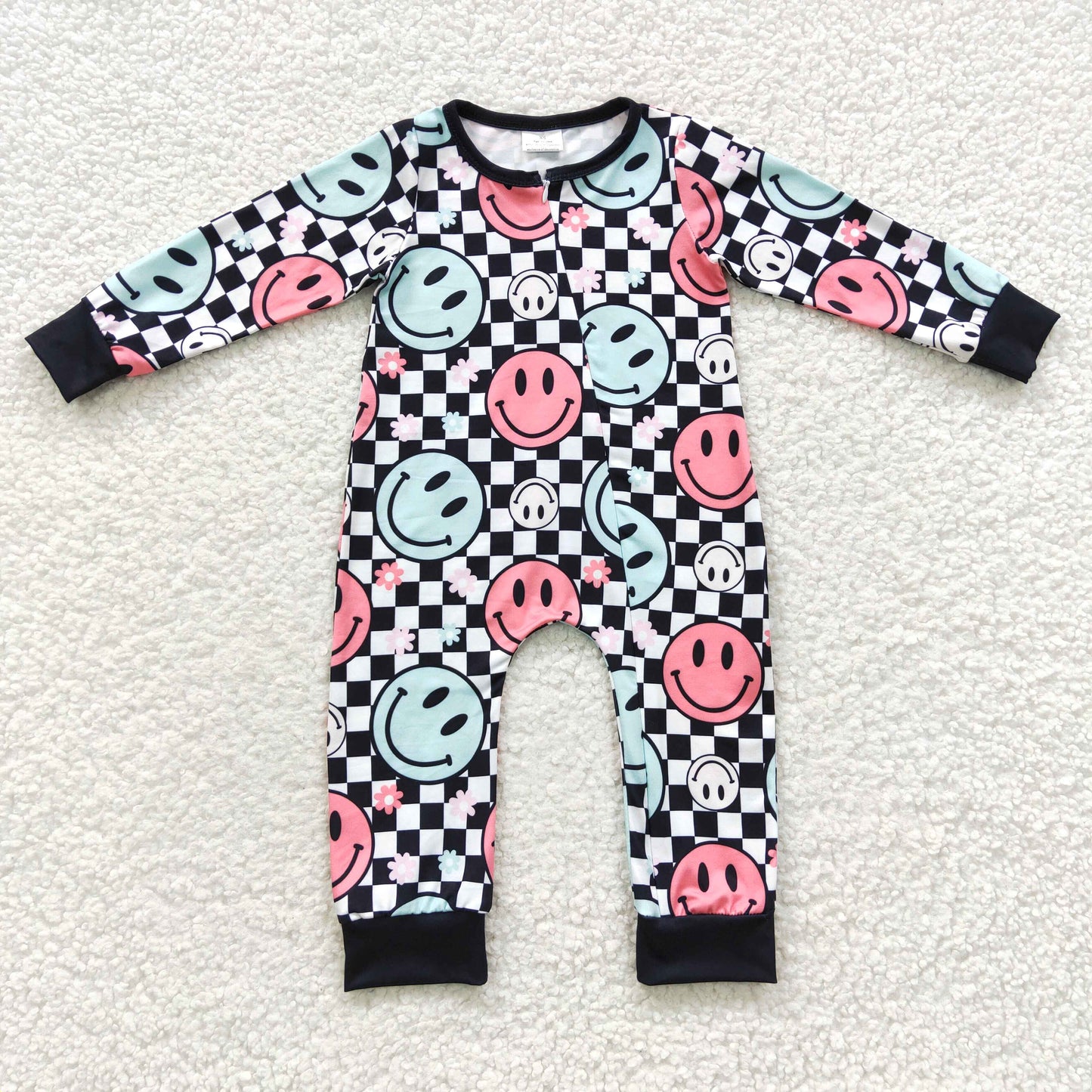 LR0304 Baby girls black plaid simling face zipper romper