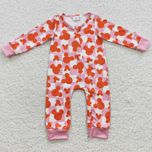 LR0309 Kids orange mouse pink gingham print fall zipper romper