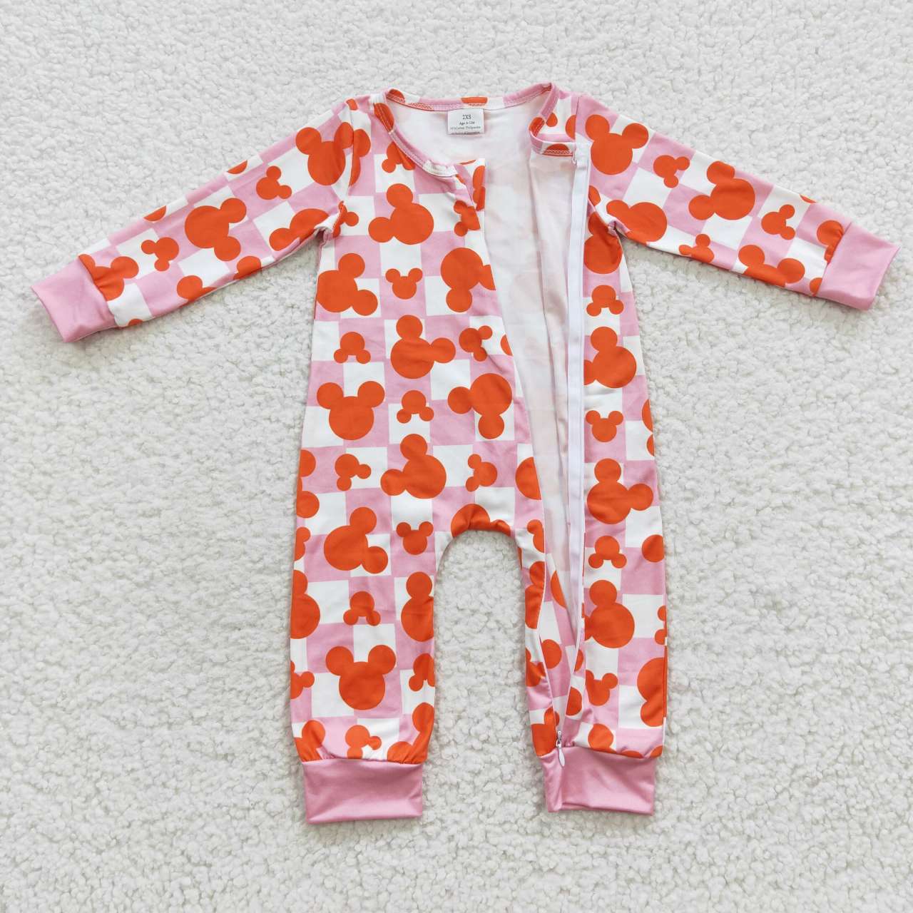 LR0309 Kids orange mouse pink gingham print fall zipper romper