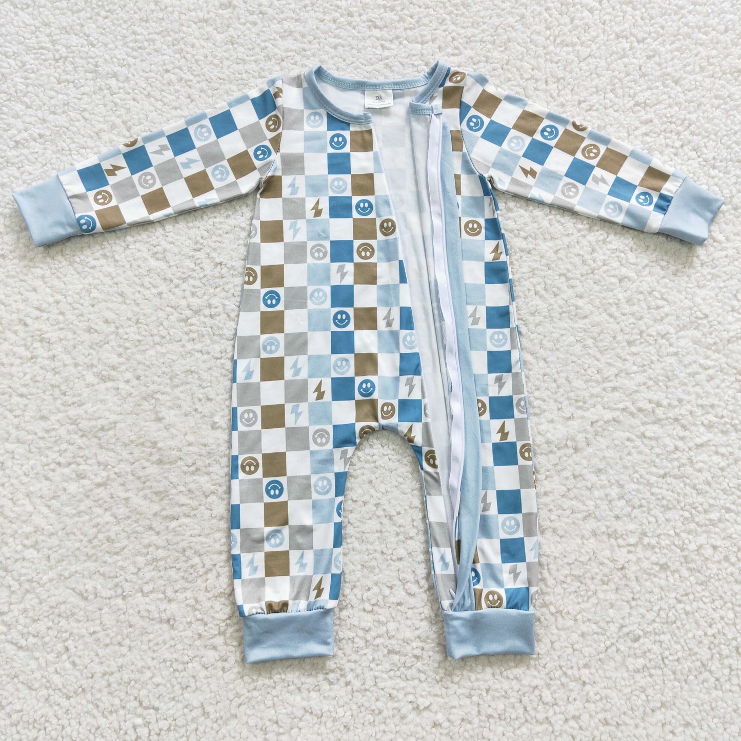 LR0313 Boys smiling face gingham print zipper romper