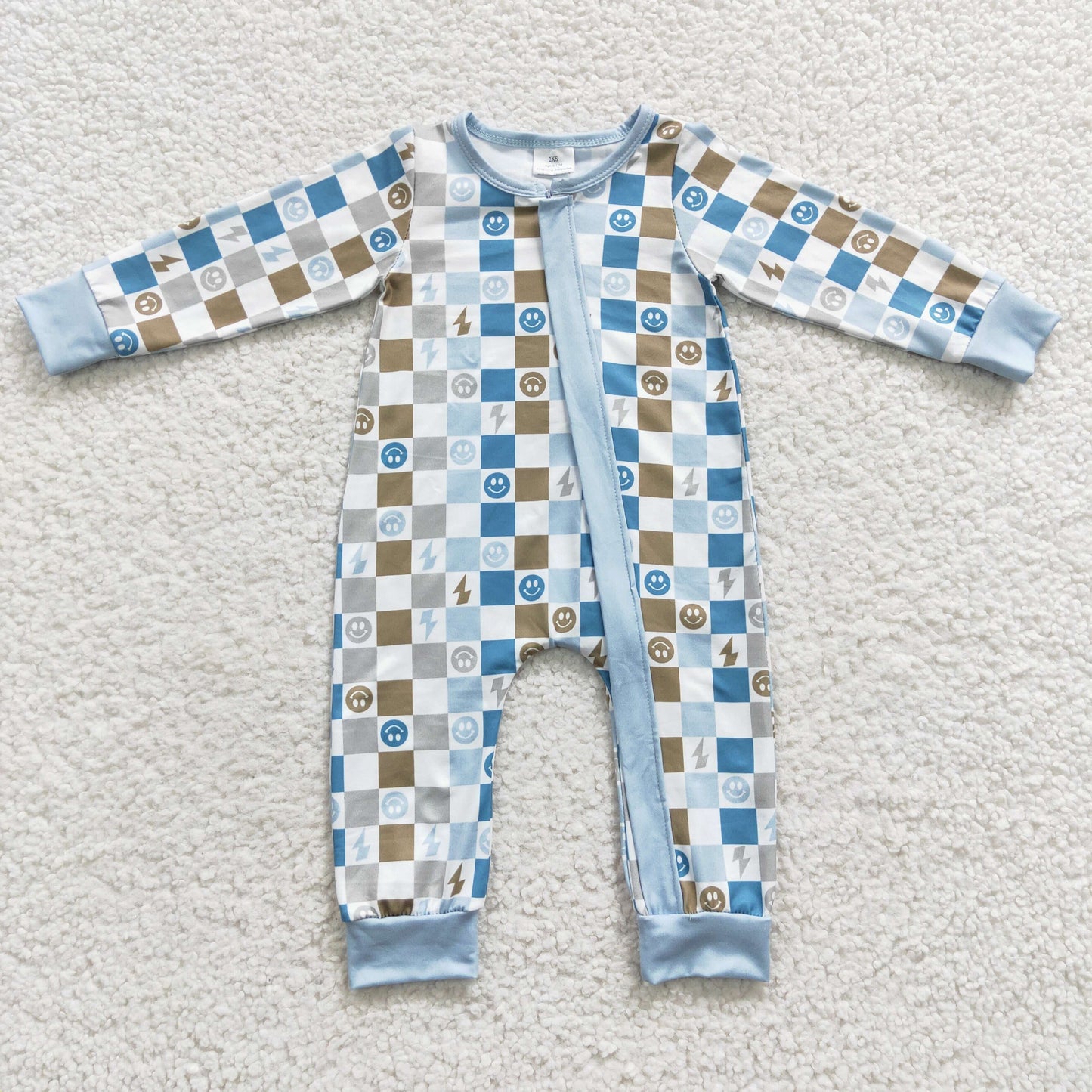LR0313 Boys smiling face gingham print zipper romper