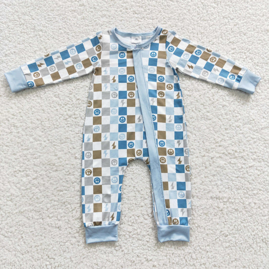 LR0313 Boys smiling face gingham print zipper romper