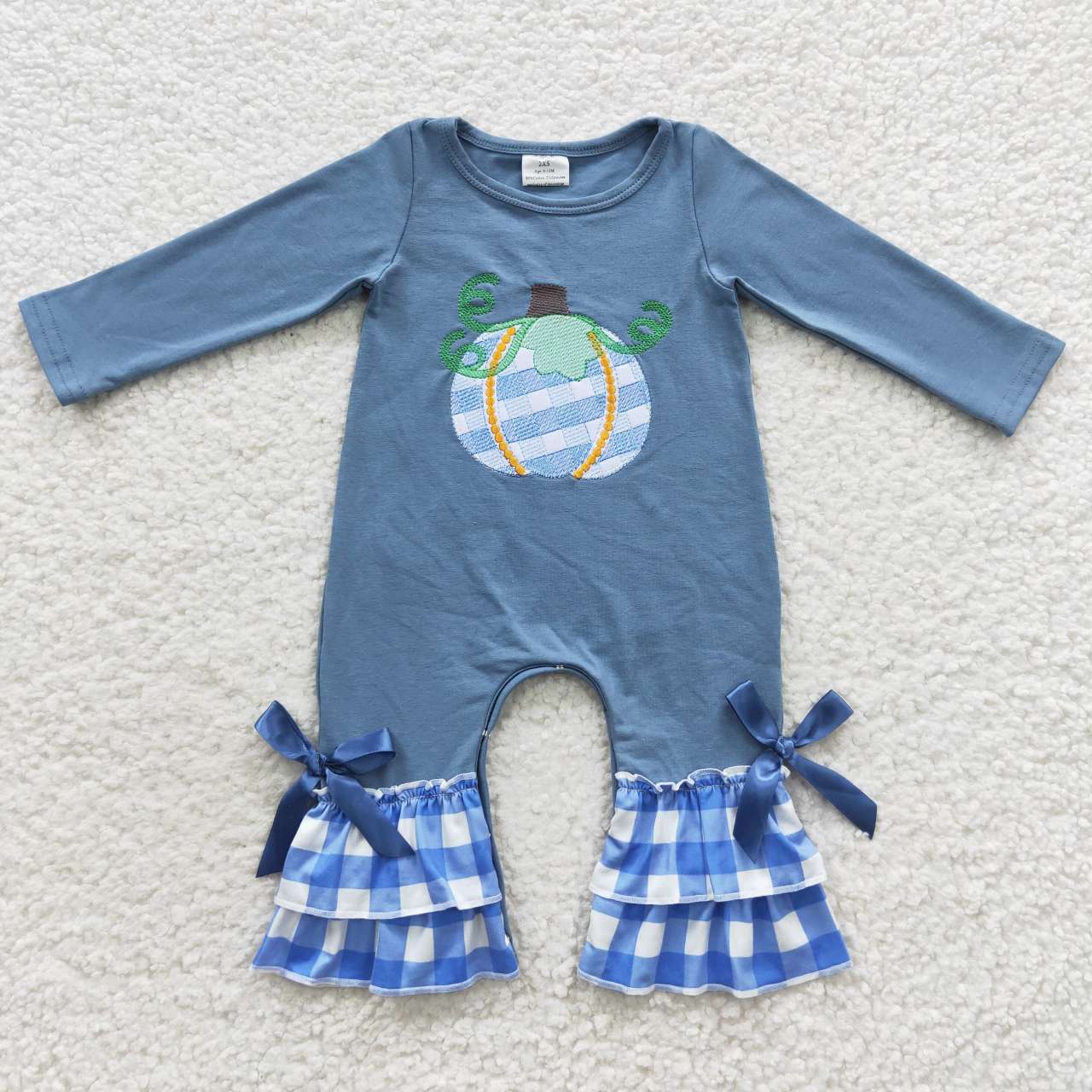 LR0318 Baby girls blue fall pumpkin embroidery romper