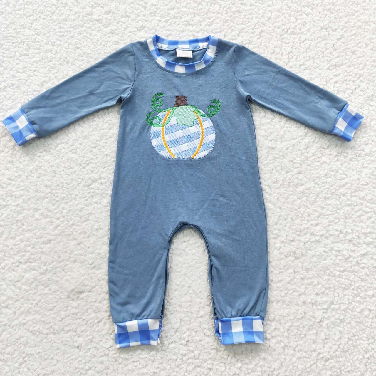 LR0319 Baby boys blue fall pumpkin embroidery romper