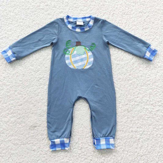 LR0319 Baby boys blue fall pumpkin embroidery romper