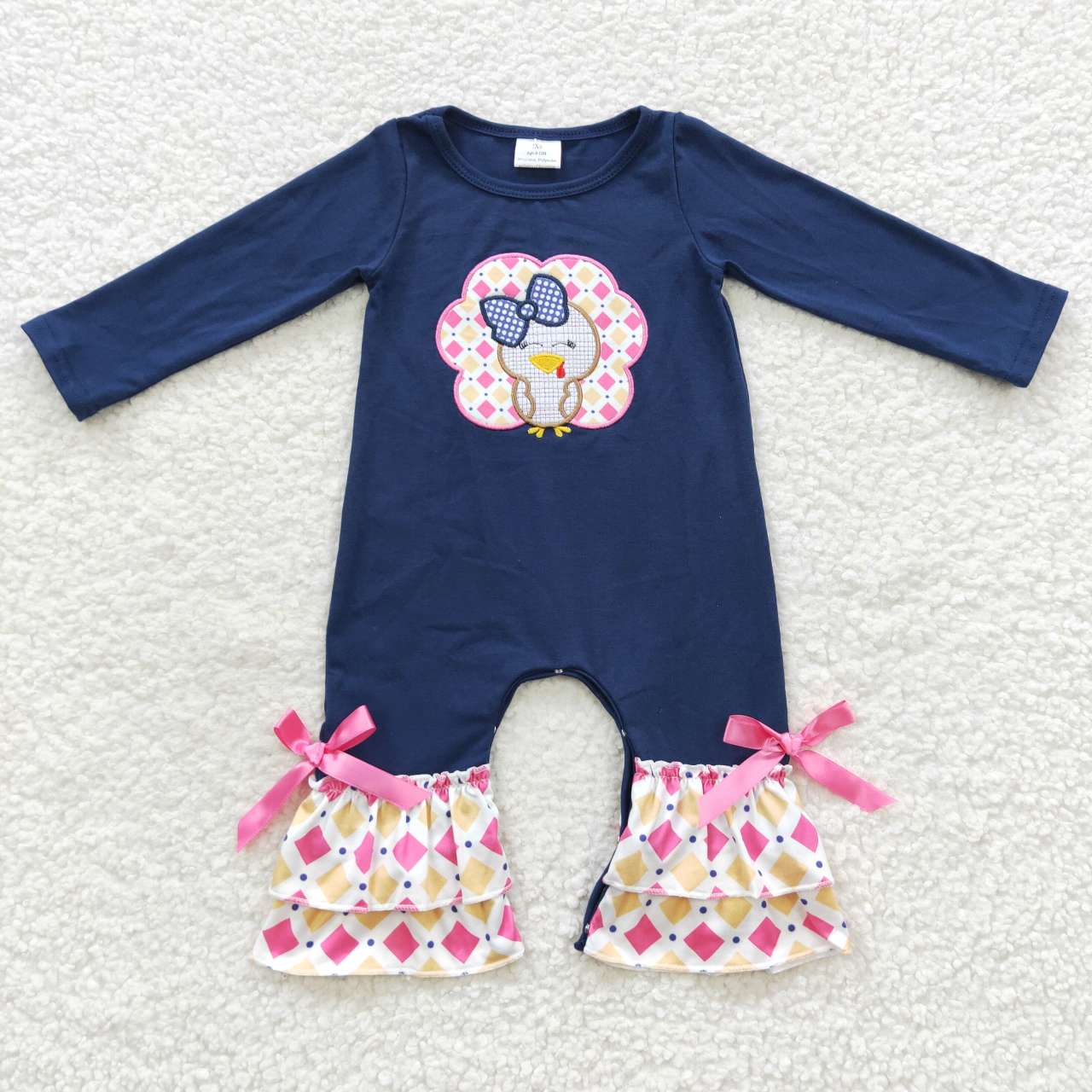 LR0326 Baby girls navy turkey embroidery plaid ruffles Thanksgiving romper