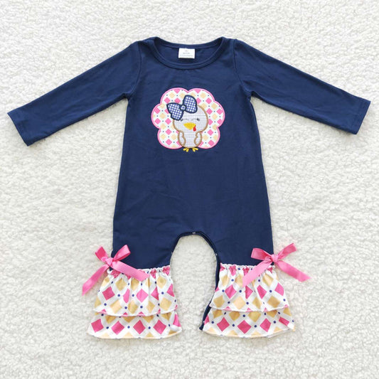LR0326 Baby girls navy turkey embroidery plaid ruffles Thanksgiving romper