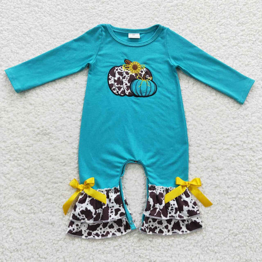 LR0354 Baby girls blue cow print pumkin embroidery romper
