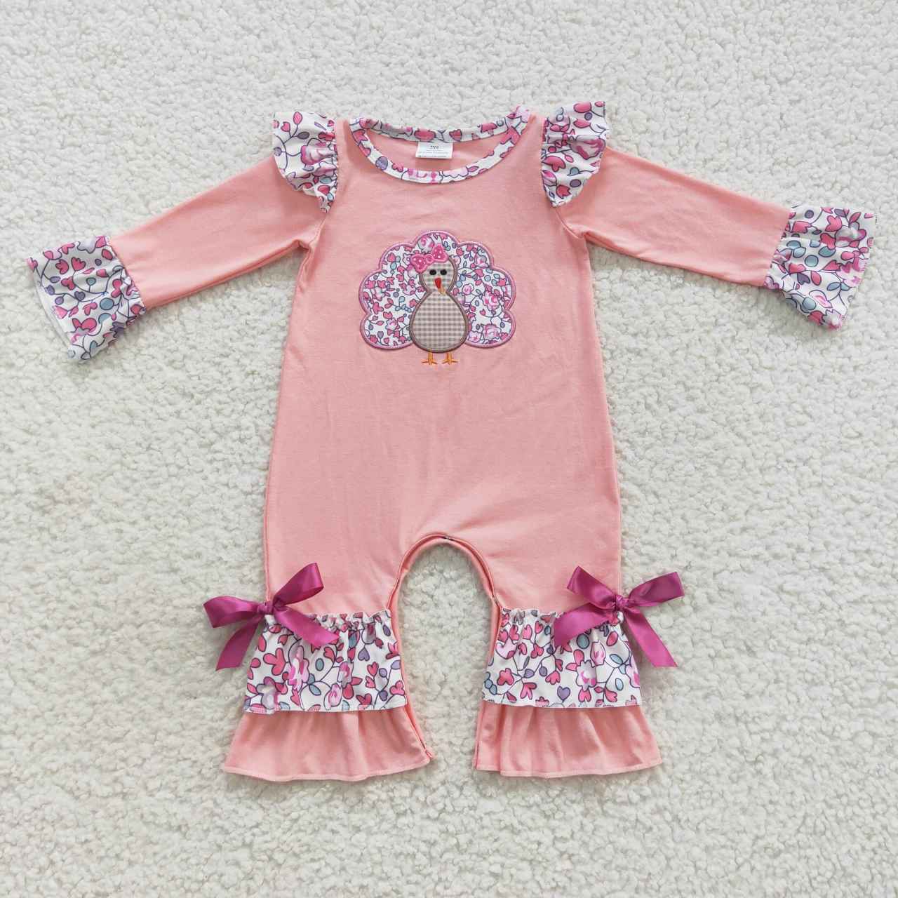 LR0358 Baby girls pink flowers turkey embroidery romper