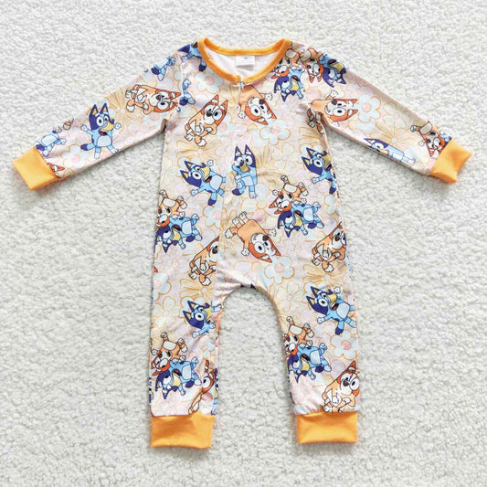 LR0360 Baby girls orange flowers cartoon dog zipper romper