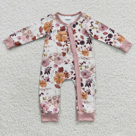 LR0363 Baby girls fall pumkin flowers zipper romper