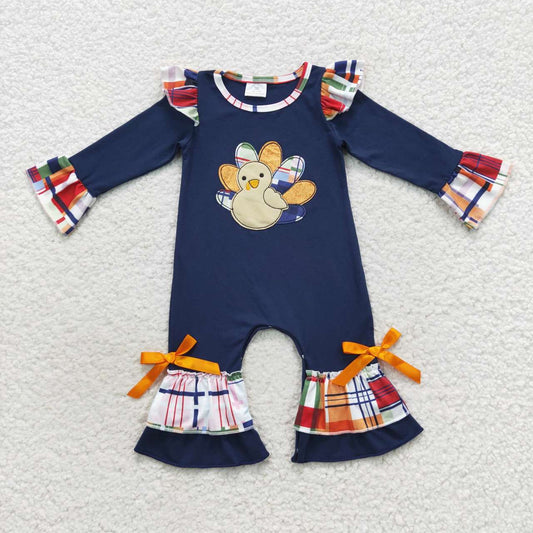 LR0366 Baby girls turkey embroidery navy Thanksgiving romper