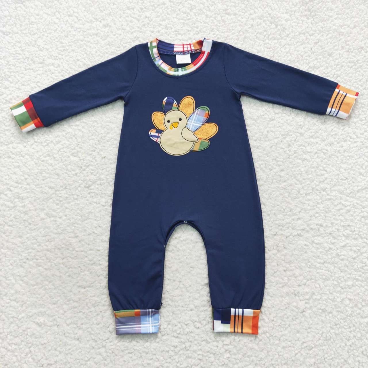LR0367 Baby boys turkey embroidery navy Thanksgiving romper