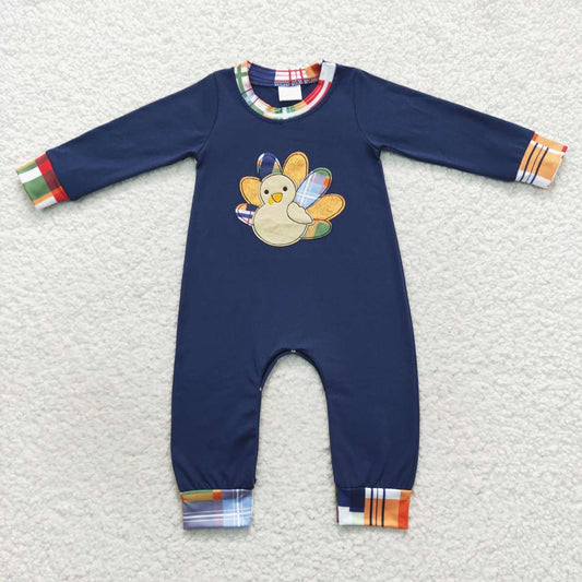 LR0367 Baby boys turkey embroidery navy Thanksgiving romper
