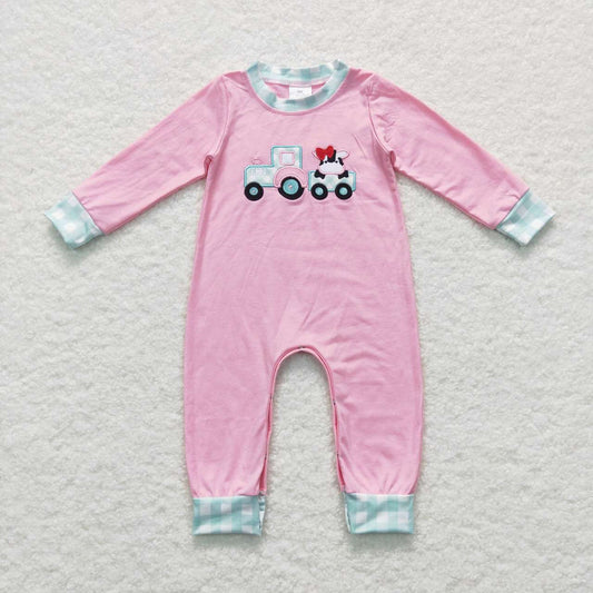 LR0376 Tractors Cow Embroidery Print Baby Girls Pink Romper