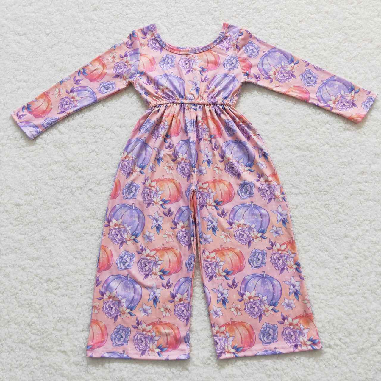 LR0382 Girls purple pumpkin floral print fall jumpsuit